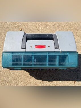 Vintage Rubbermaid Tackle Box with Teal Translucent Lid and Gray Body
